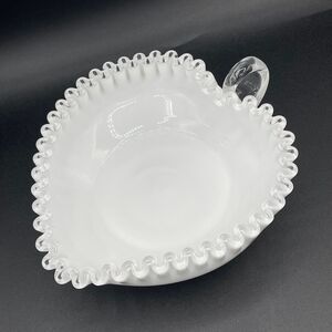 Fenton Milk Glass Heart Shape Nappy Candy Dish w/ Silver Crest Ruffled Edge
